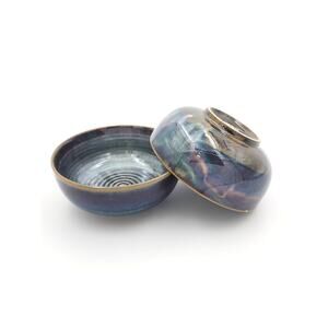 Set of Two 8" Hand-Glazed Stoneware Ramen Bowls in Iridescent Indigo Color